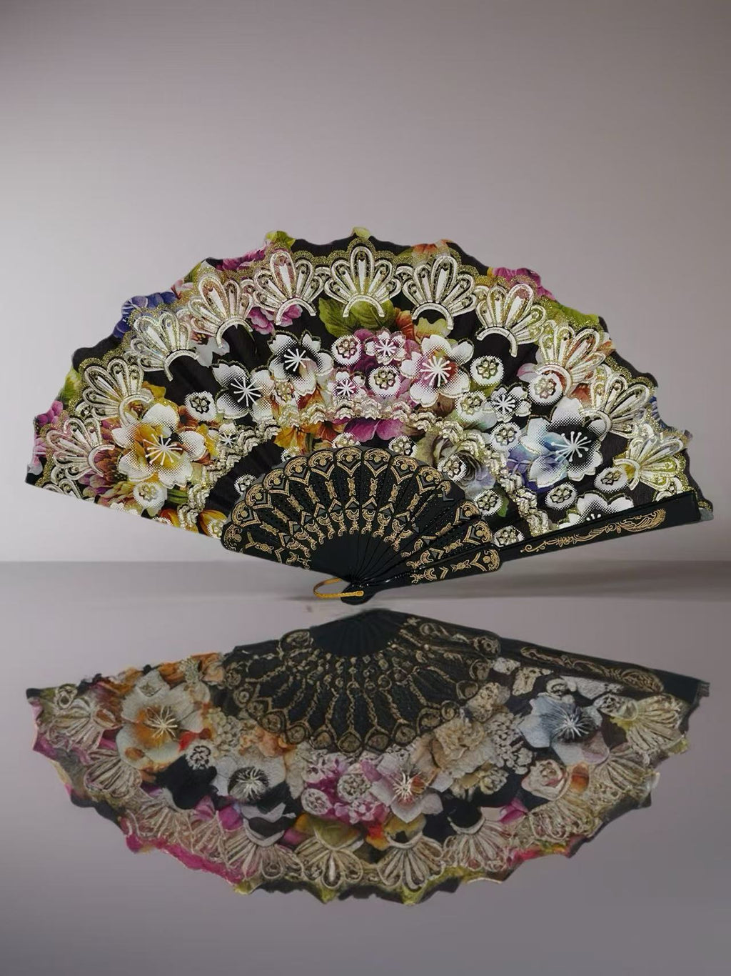 Ornate Lace Hand Fans with Floral Embellishments