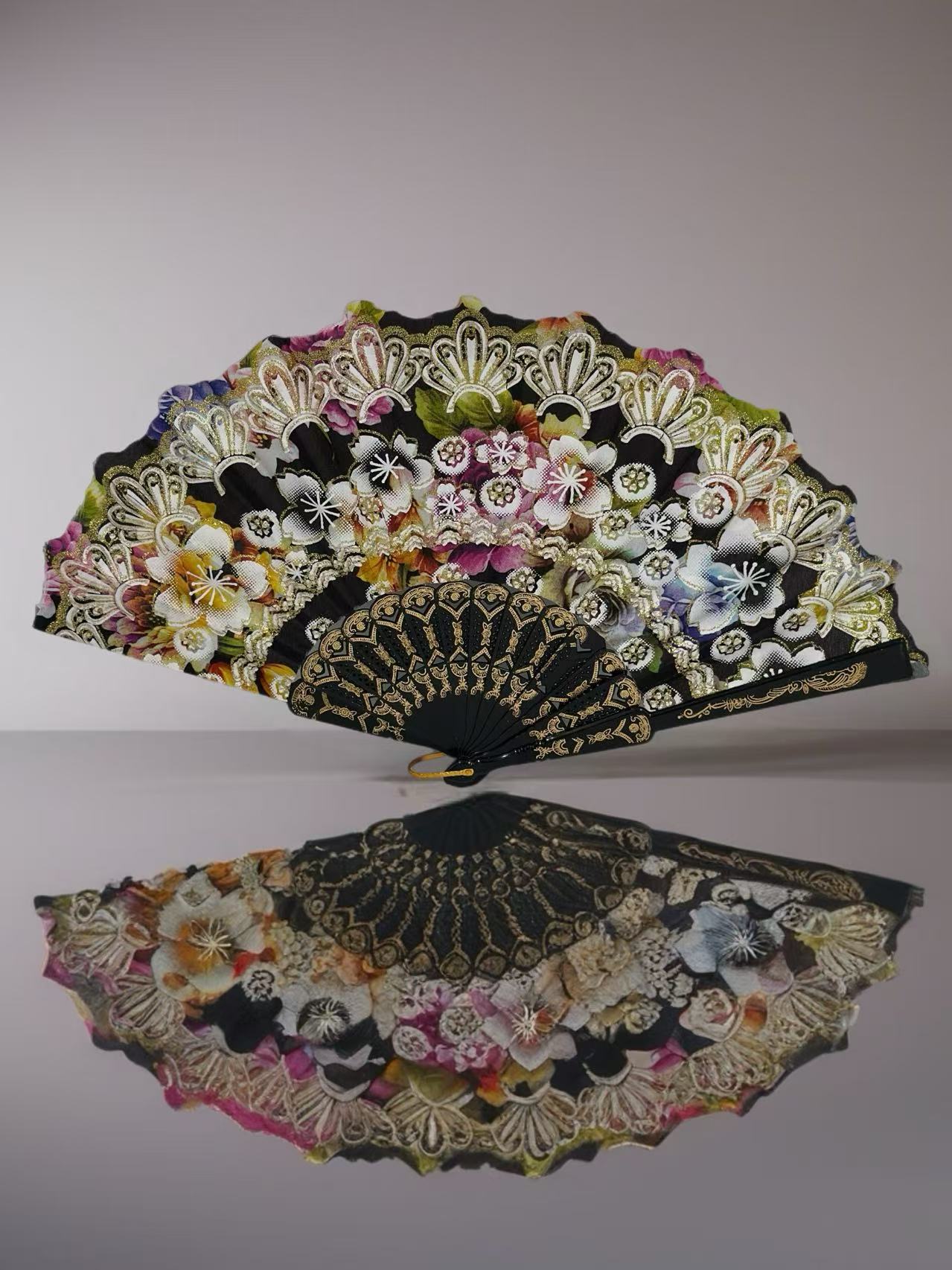 Ornate Lace Hand Fans with Floral Embellishments