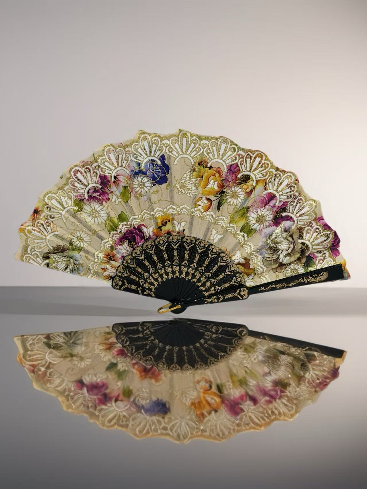 Ornate Lace Hand Fans with Floral Embellishments