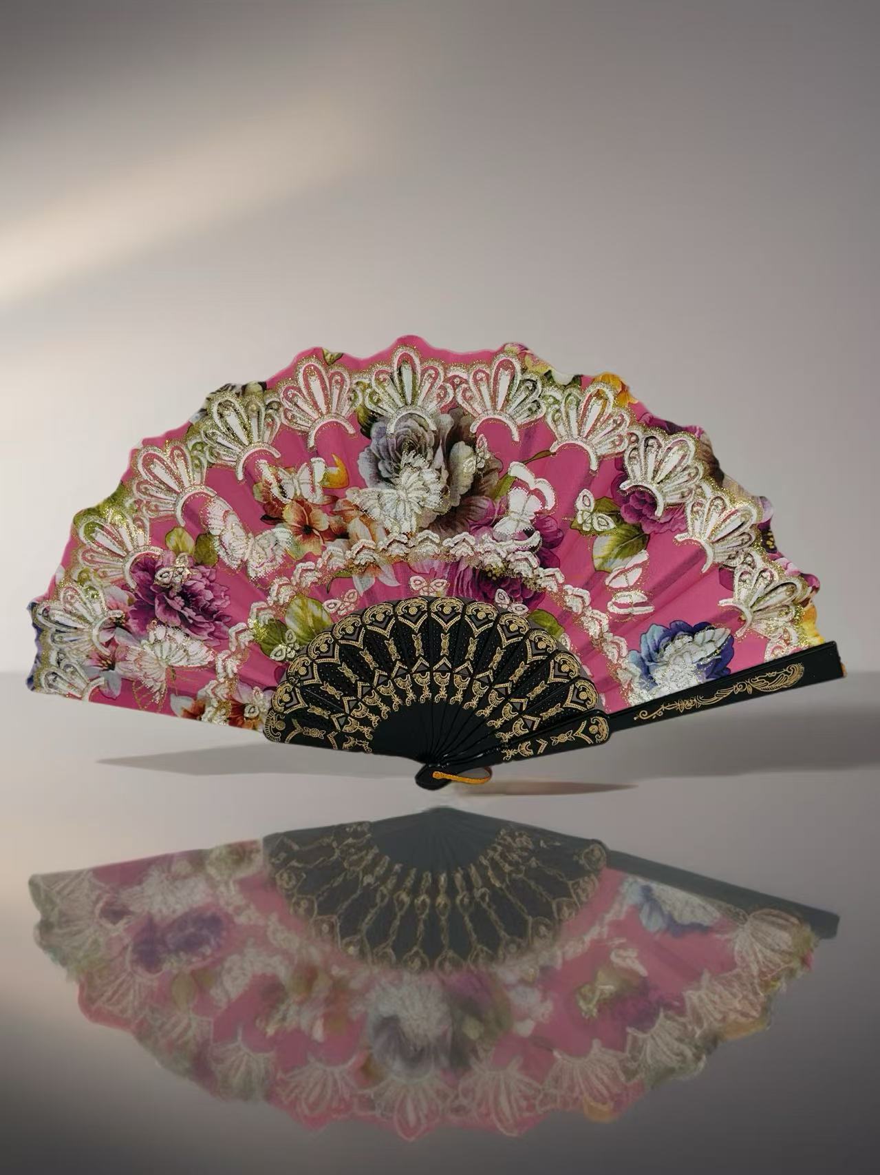 Ornate Lace Hand Fans with Floral Embellishments