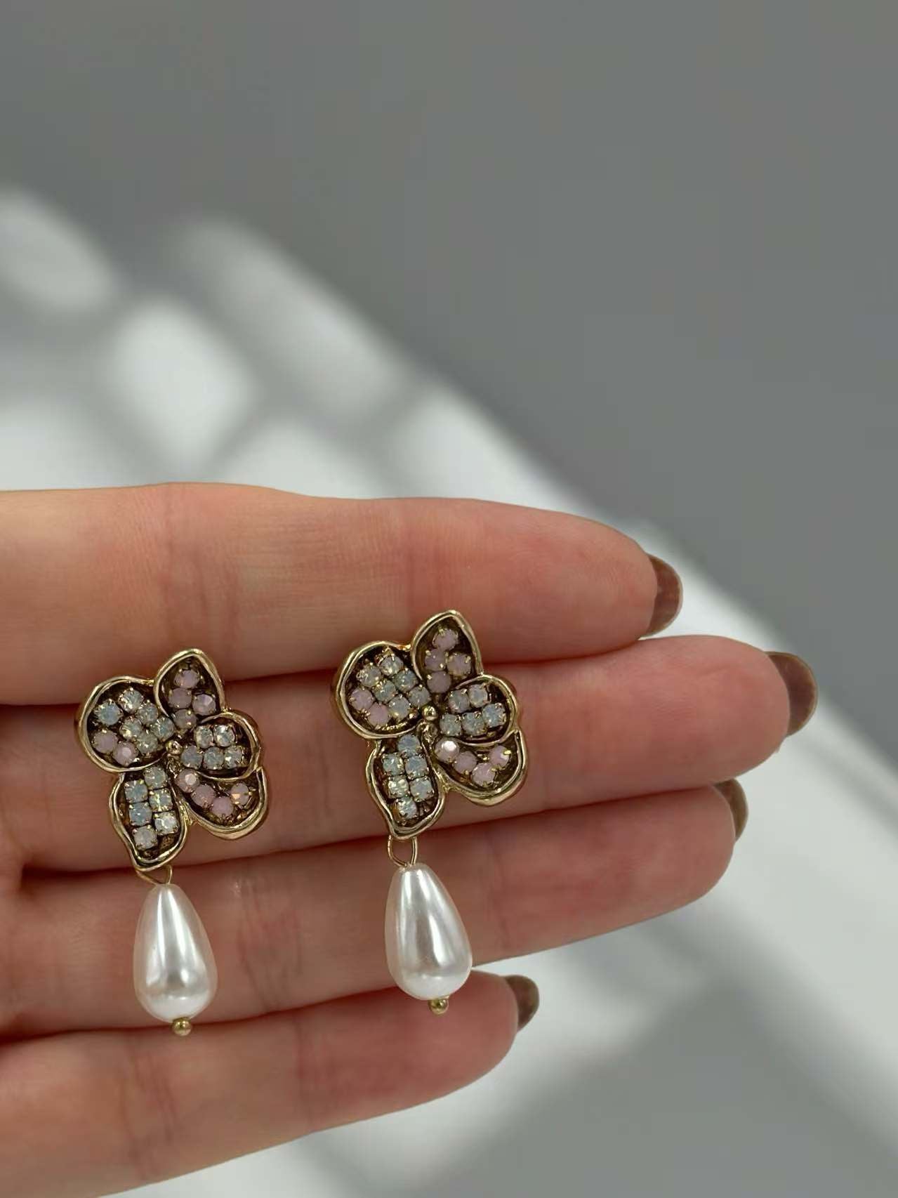 Floral Crystal Stud Earrings with Teardrop Dangle