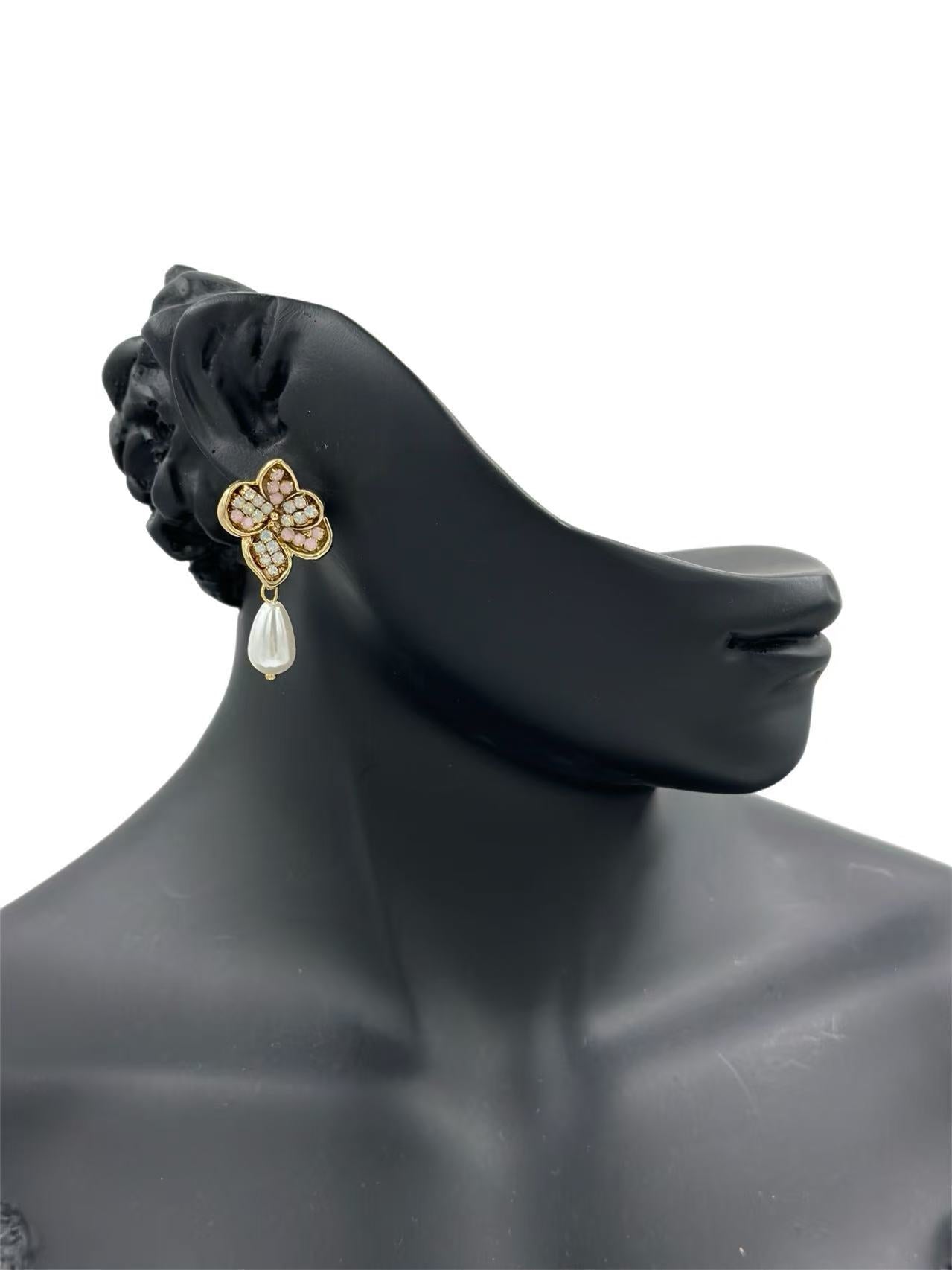 Floral Crystal Stud Earrings with Teardrop Dangle