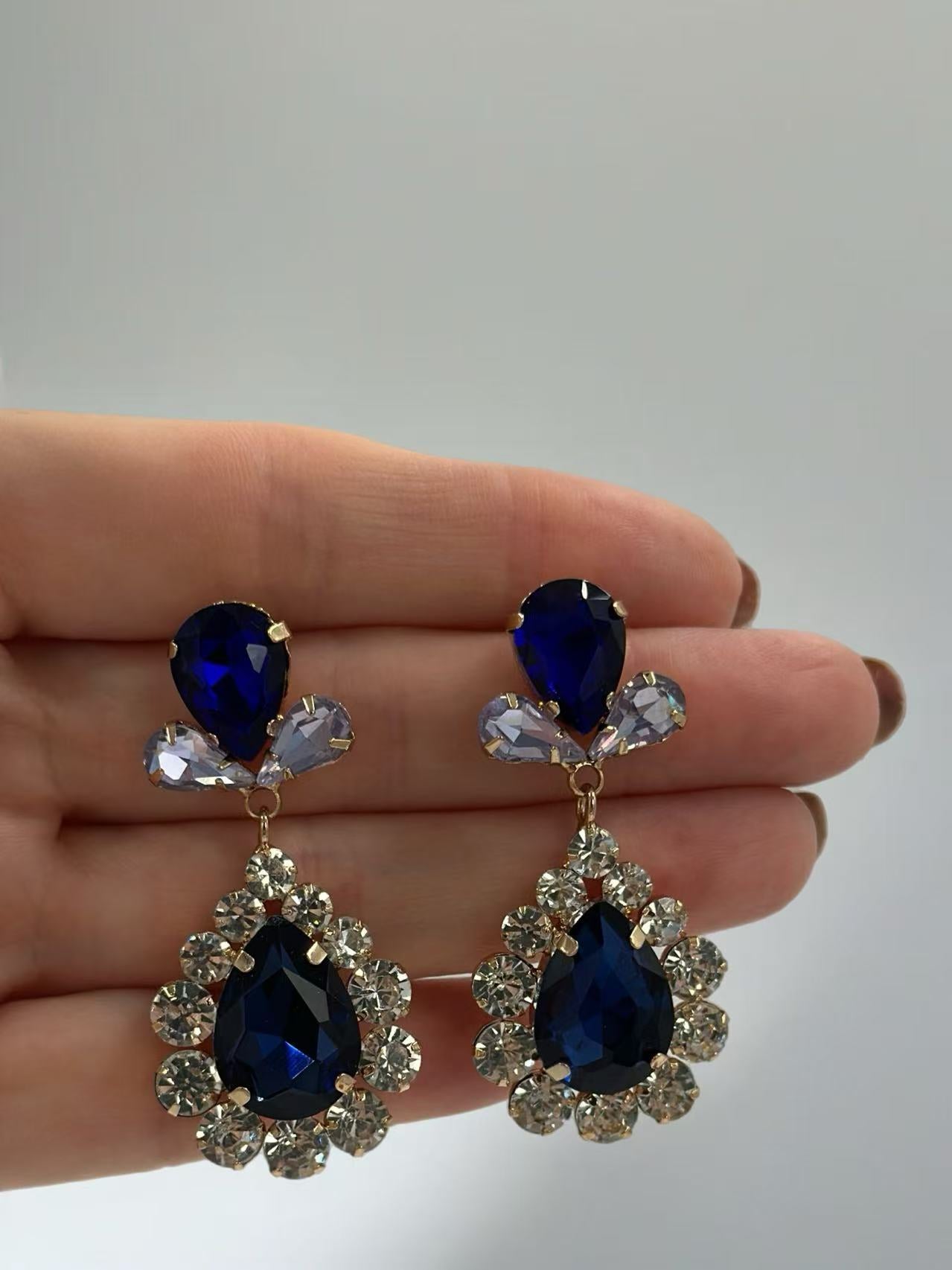Royal Blue Teardrop Crystal Statement Earrings