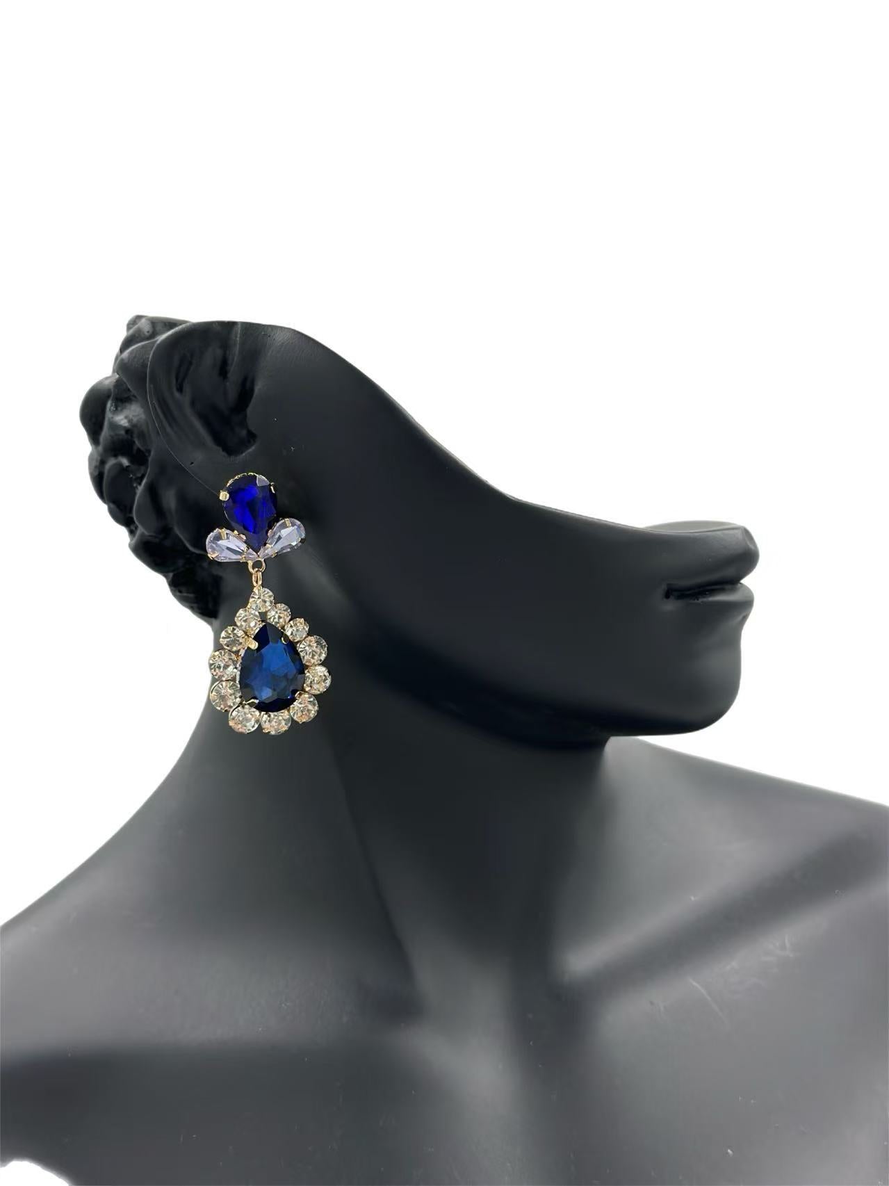 Royal Blue Teardrop Crystal Statement Earrings