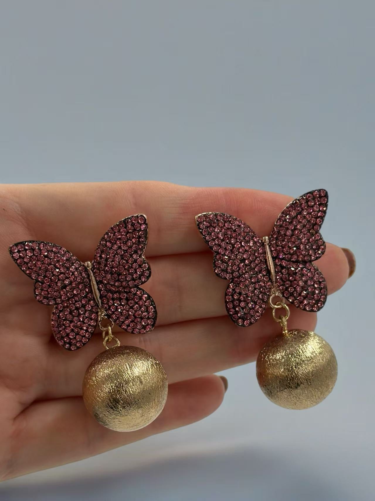 Pink Crystal Butterfly & Ball Drop Earrings