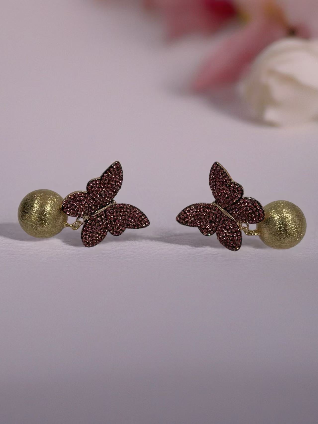 Pink Crystal Butterfly & Ball Drop Earrings