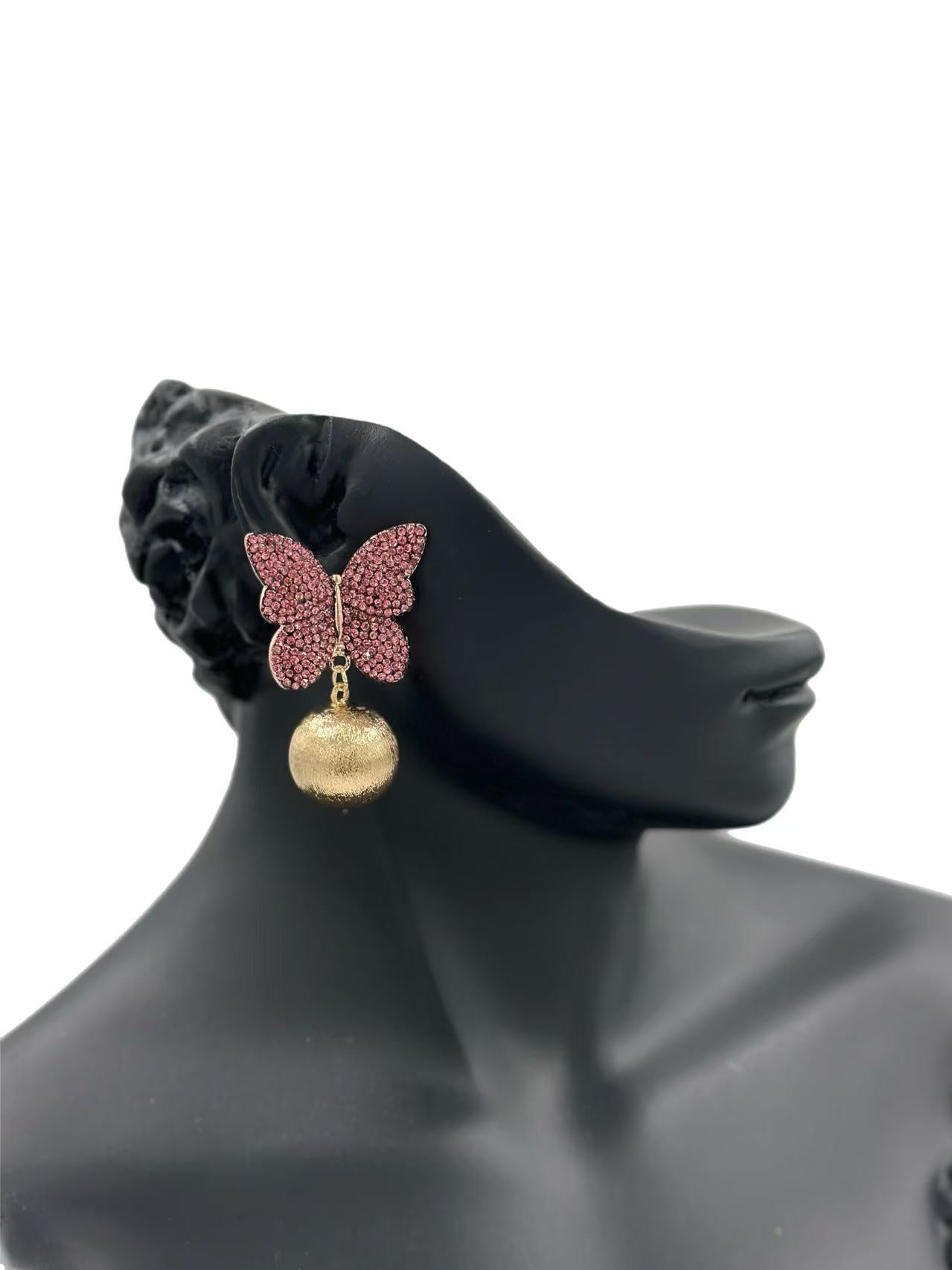 Pink Crystal Butterfly & Ball Drop Earrings