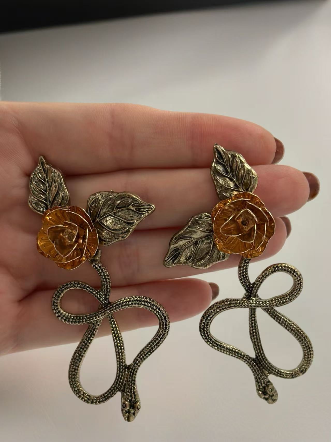 Vintage Rose & Serpent Statement Earrings