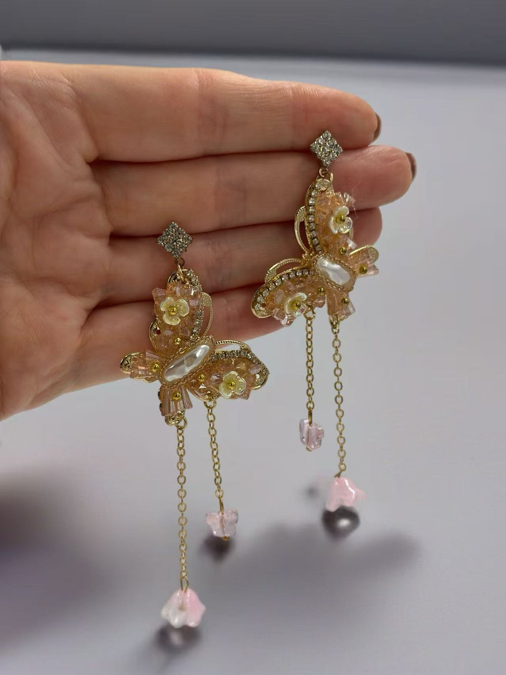 Floral Butterfly Drop Earrings with Crystal Charms