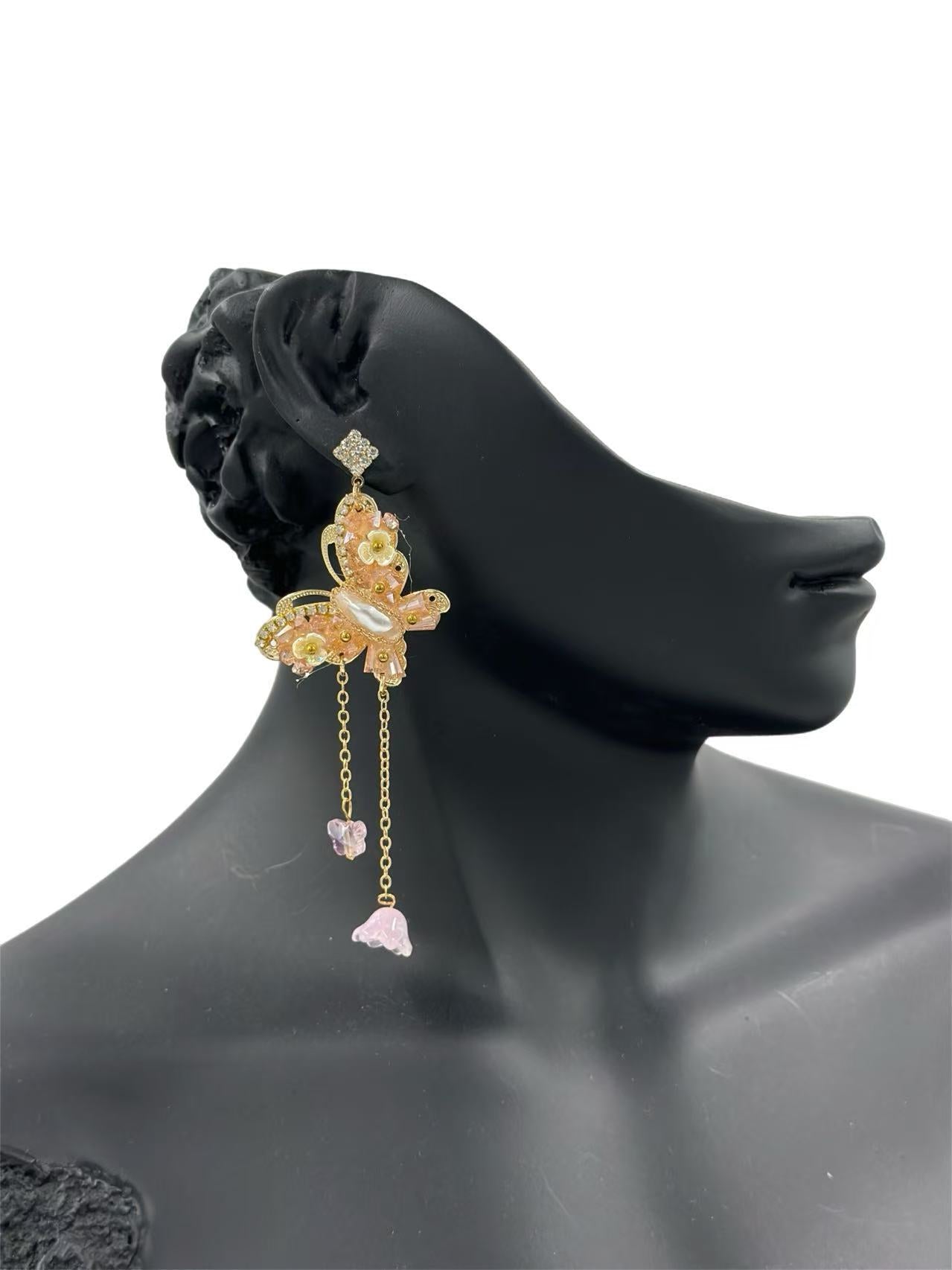 Floral Butterfly Drop Earrings with Crystal Charms