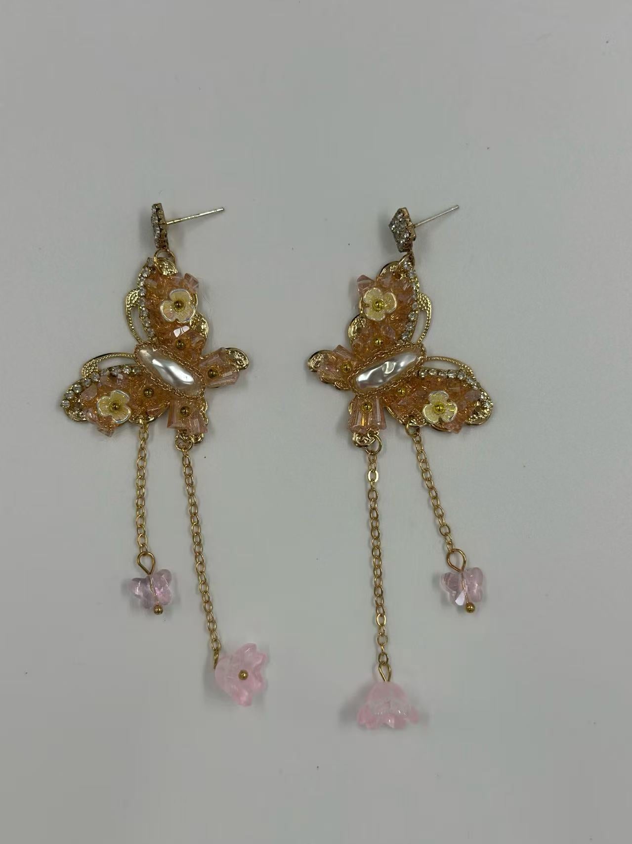 Floral Butterfly Drop Earrings with Crystal Charms