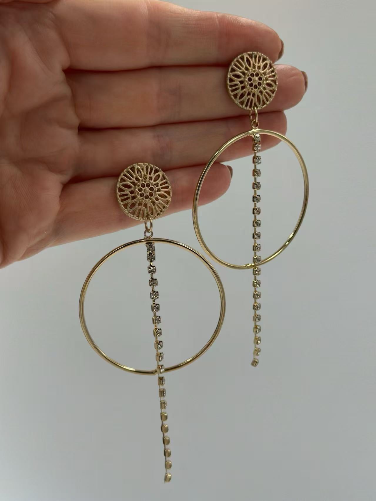 Geometric Gold Hoop Earrings with Crystal Chain Drop