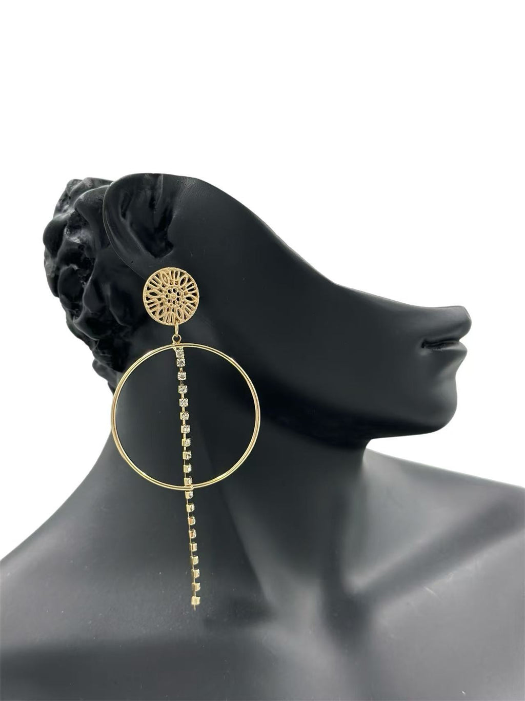 Geometric Gold Hoop Earrings with Crystal Chain Drop