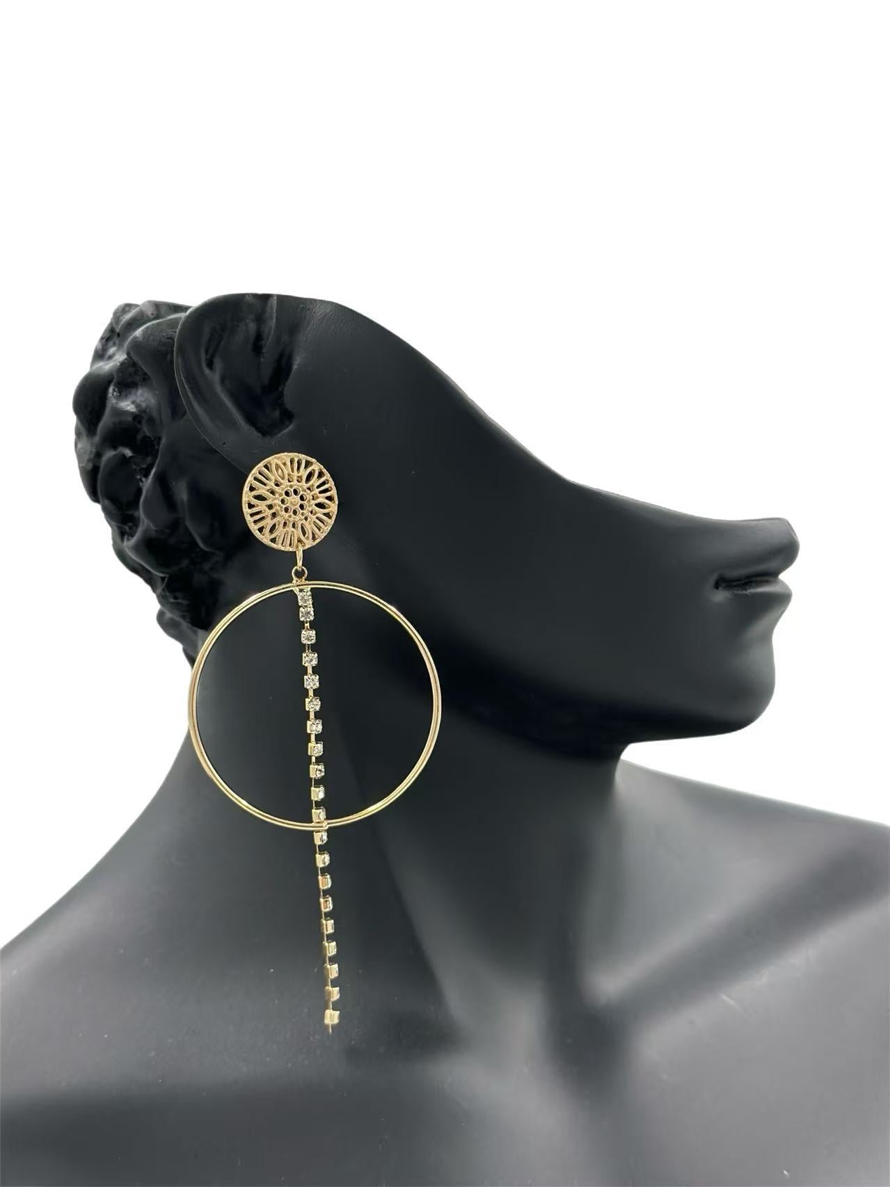 Geometric Gold Hoop Earrings with Crystal Chain Drop