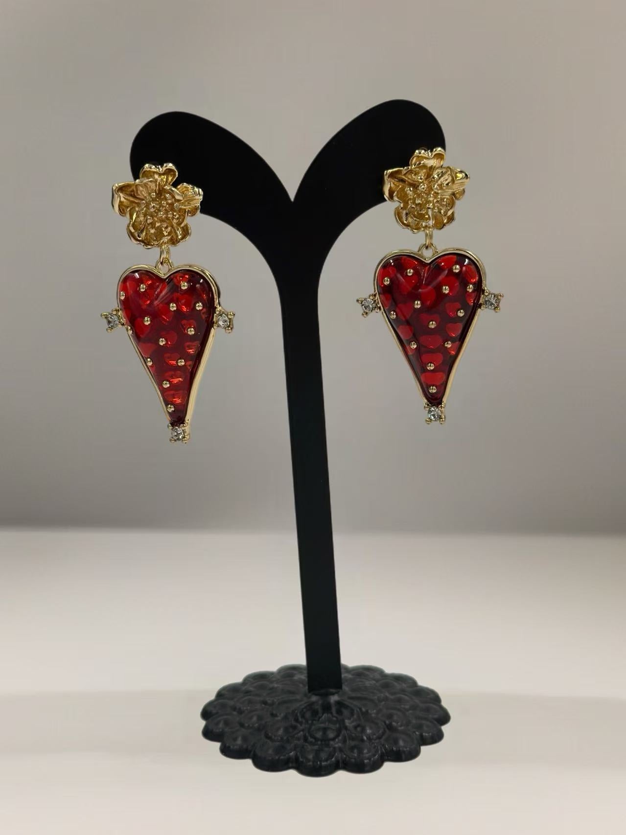 Vintage Heart Stud Earrings with Gold-Tone Floral Detail