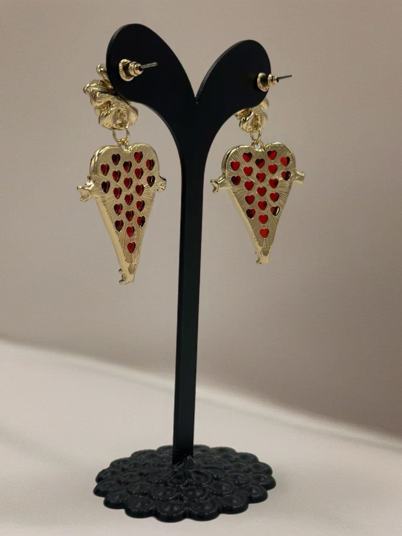 Vintage Heart Stud Earrings with Gold-Tone Floral Detail