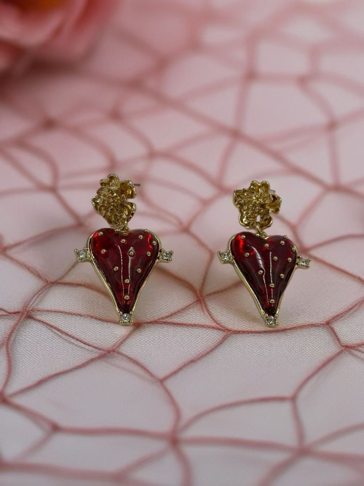 Vintage Heart Stud Earrings with Gold-Tone Floral Detail