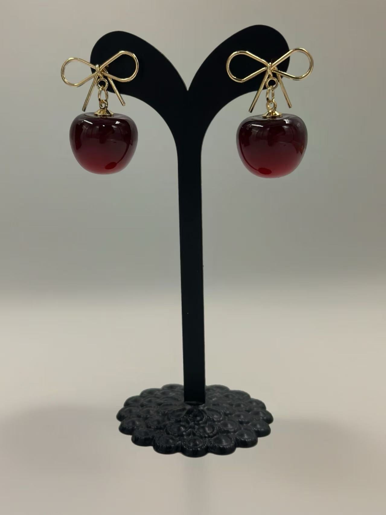 Cherry Drop Earrings with Gold-Tone Bow Accent