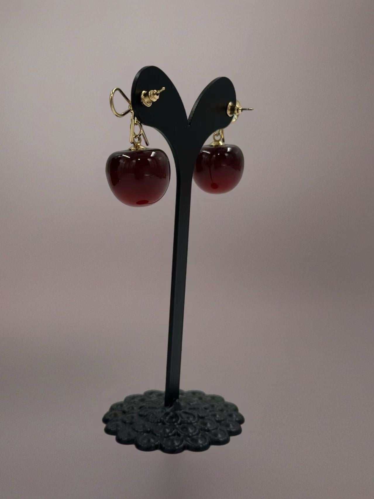 Cherry Drop Earrings with Gold-Tone Bow Accent