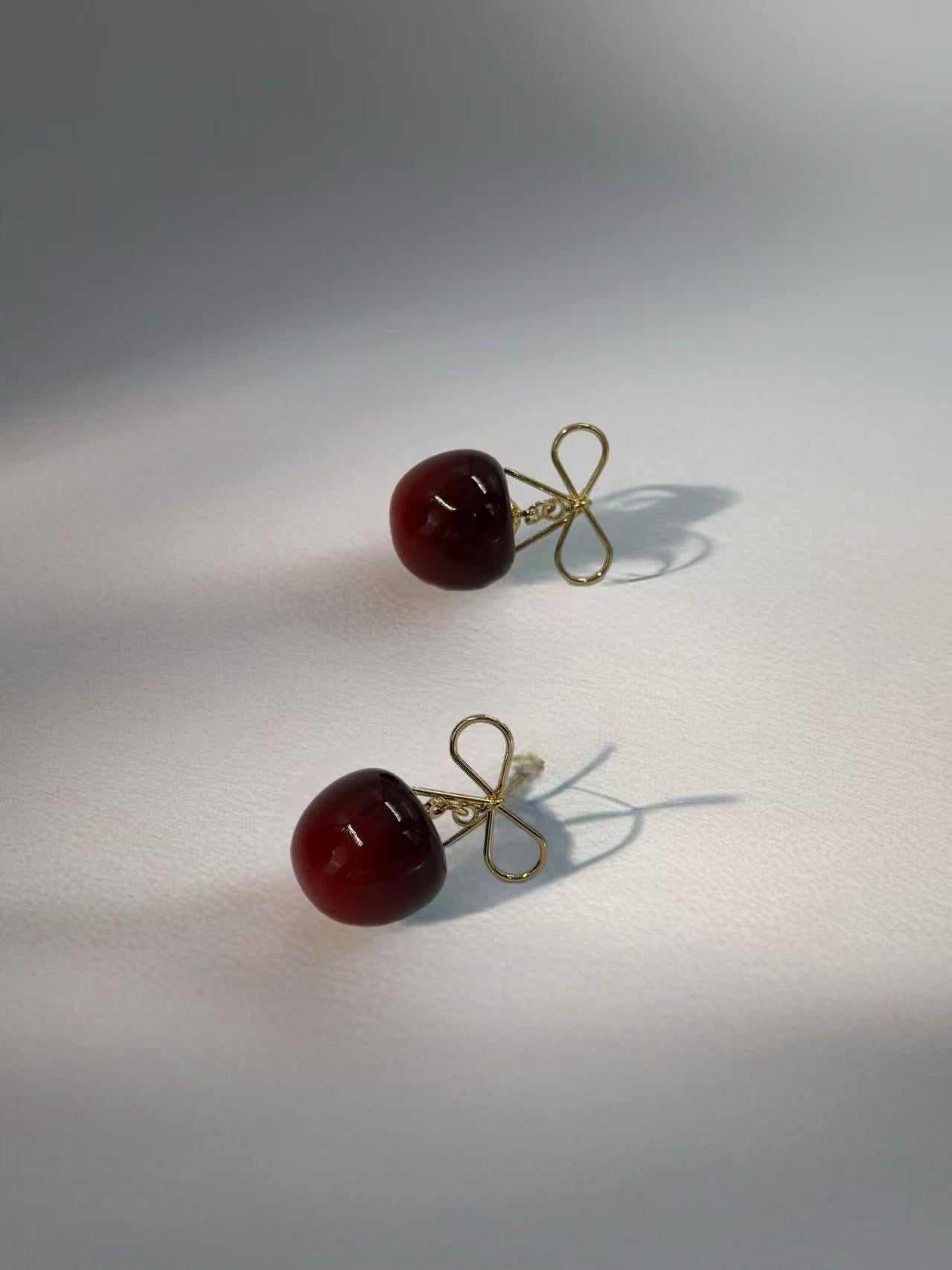Cherry Drop Earrings with Gold-Tone Bow Accent