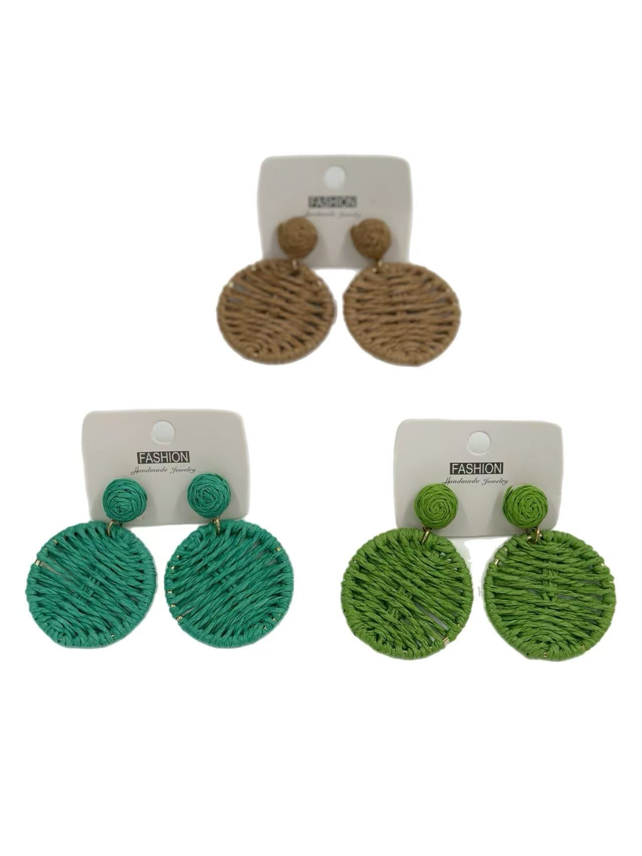Boho Chic Woven Raffia Circle Drop Earrings – 3 Color Set