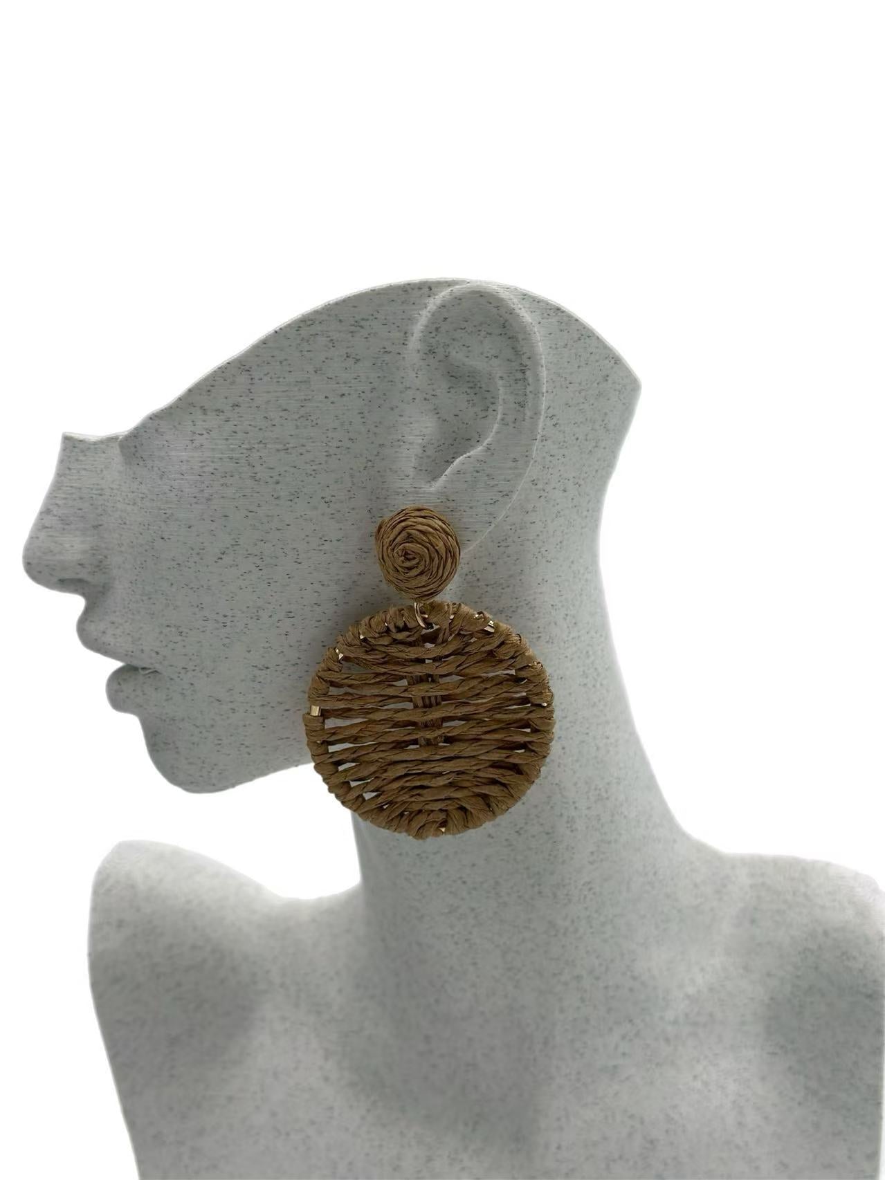 Boho Chic Woven Raffia Circle Drop Earrings – 3 Color Set