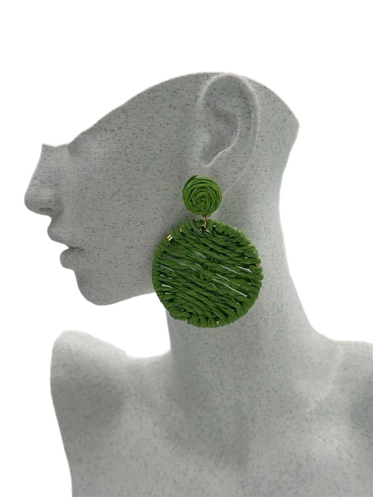 Boho Chic Woven Raffia Circle Drop Earrings – 3 Color Set
