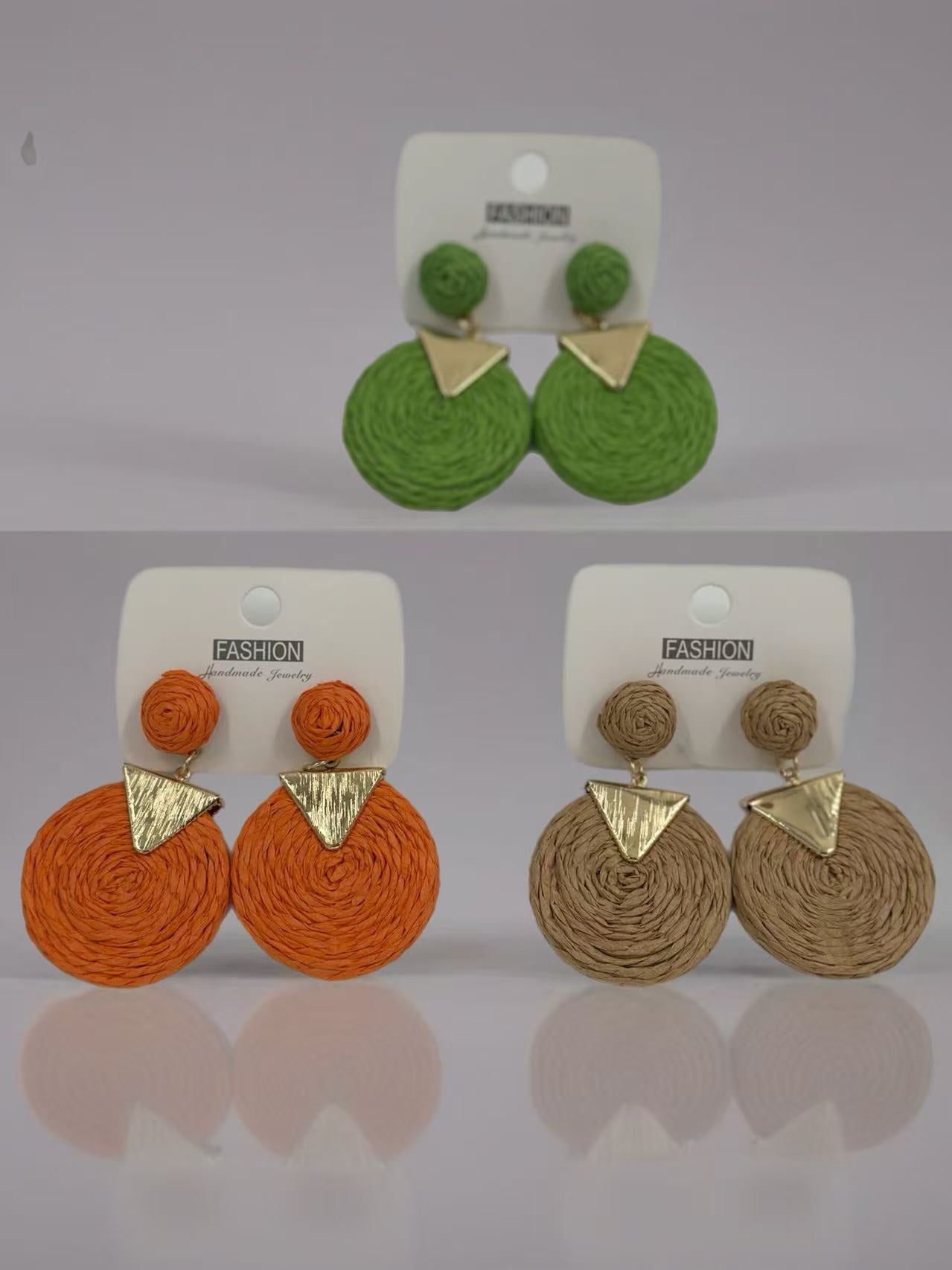 Geometric Raffia Circle Drop Earrings with Gold Triangle Accent – 3 Color Set