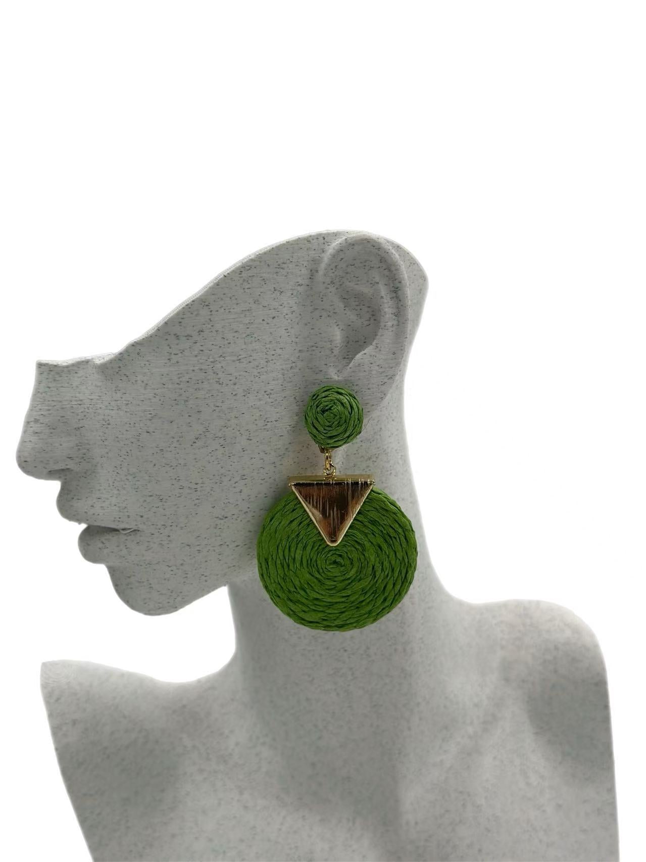Geometric Raffia Circle Drop Earrings with Gold Triangle Accent – 3 Color Set