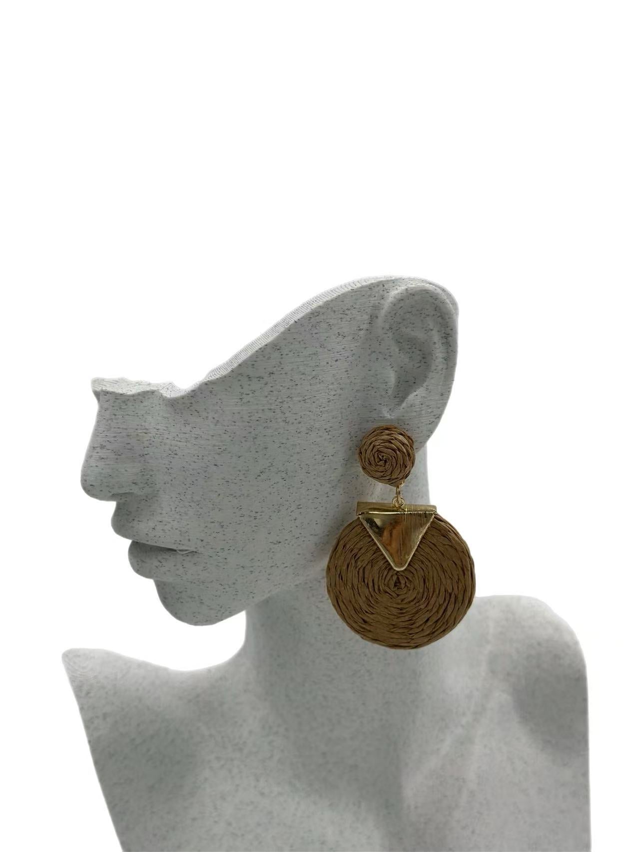 Geometric Raffia Circle Drop Earrings with Gold Triangle Accent – 3 Color Set