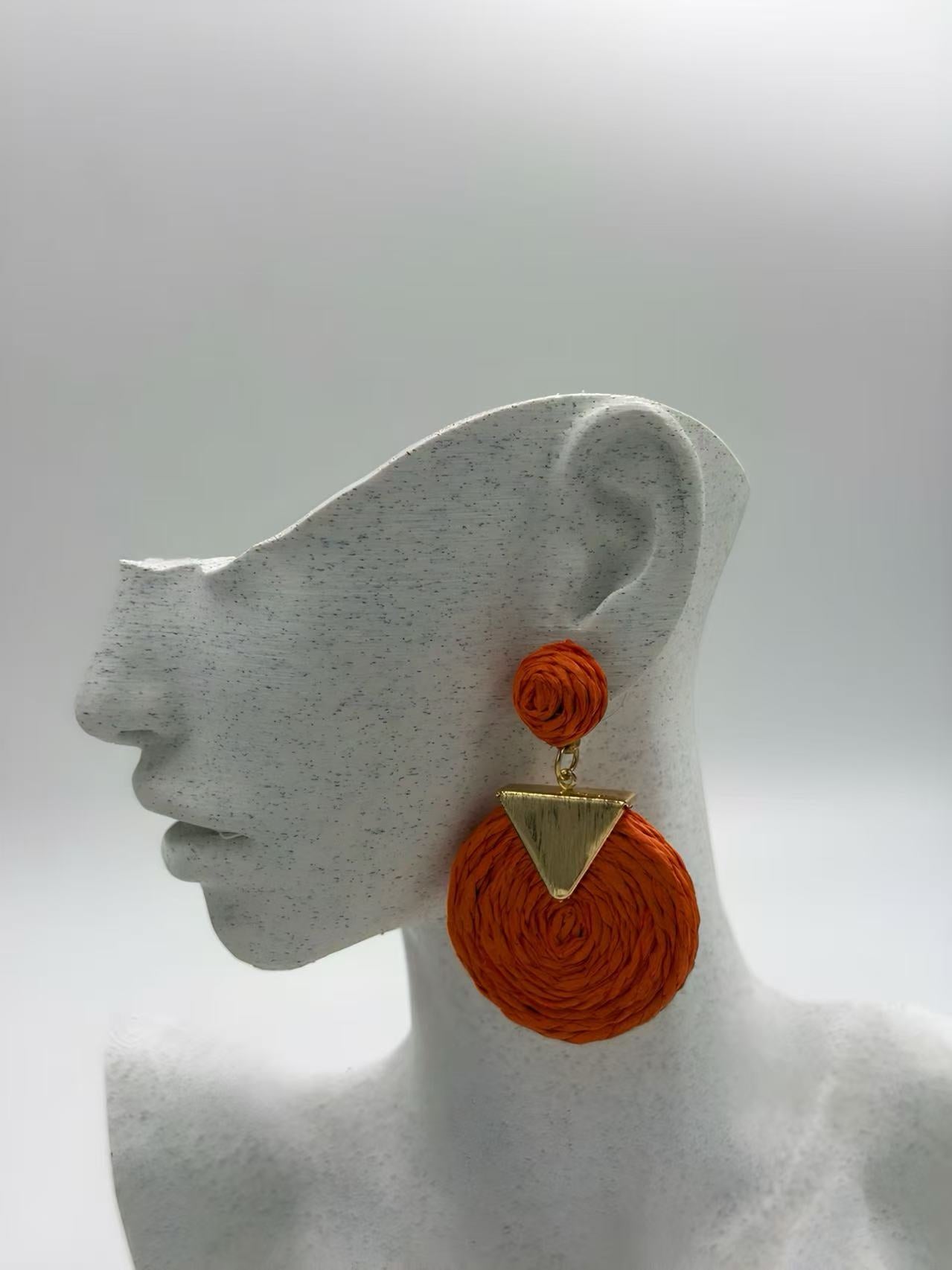 Geometric Raffia Circle Drop Earrings with Gold Triangle Accent – 3 Color Set