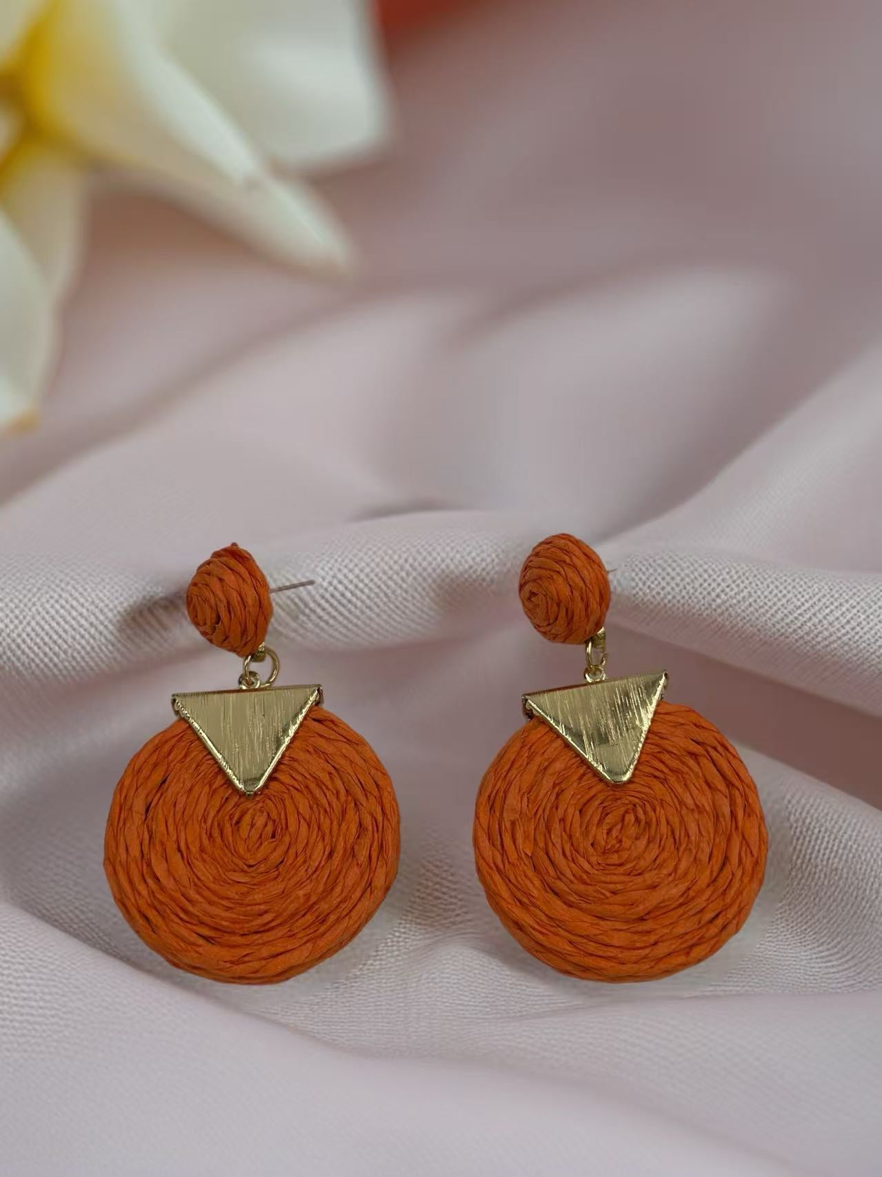 Geometric Raffia Circle Drop Earrings with Gold Triangle Accent – 3 Color Set
