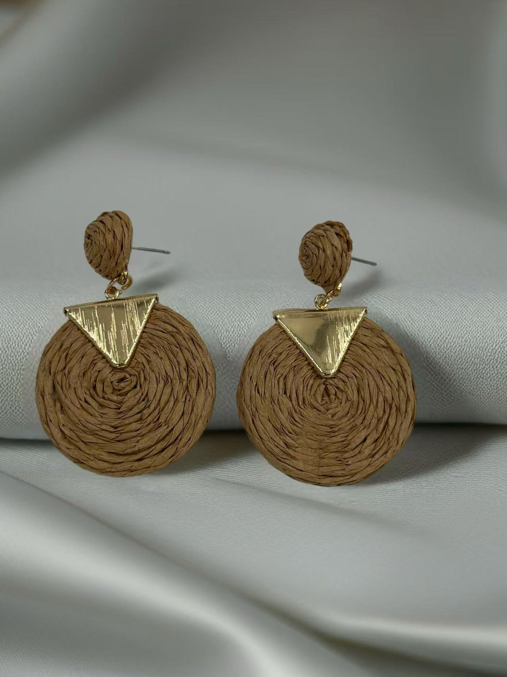 Geometric Raffia Circle Drop Earrings with Gold Triangle Accent – 3 Color Set