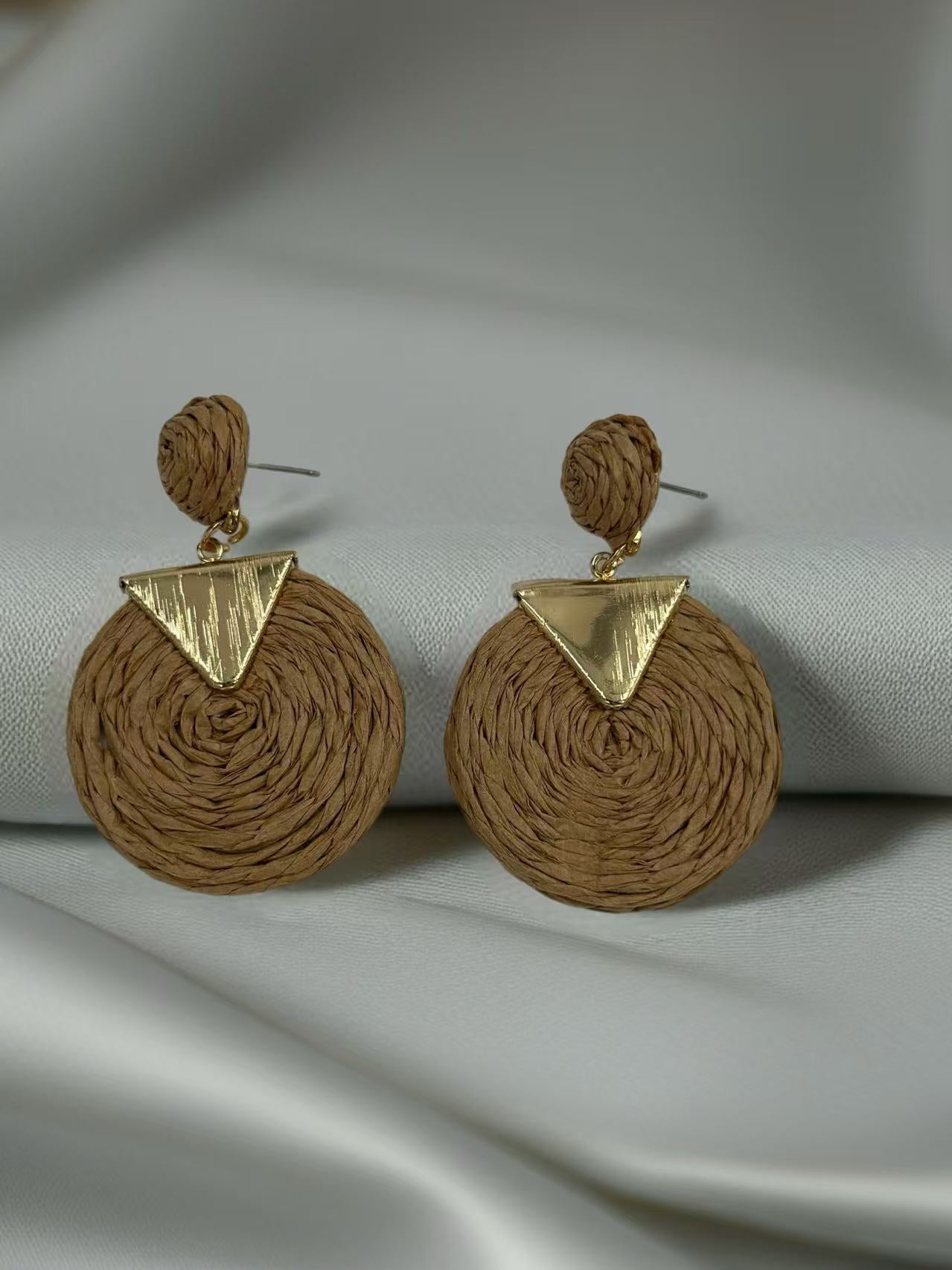 Geometric Raffia Circle Drop Earrings with Gold Triangle Accent – 3 Color Set