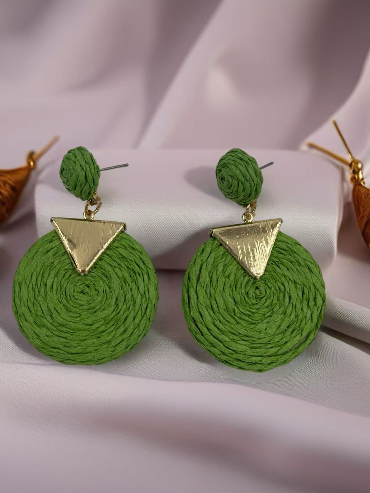 Geometric Raffia Circle Drop Earrings with Gold Triangle Accent – 3 Color Set