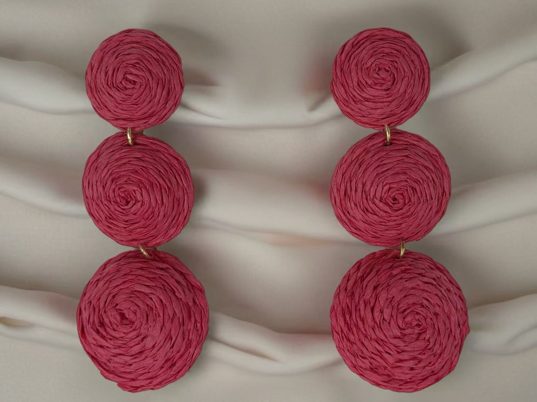 Triple Raffia Spiral Drop Earrings – Vibrant Boho Collection