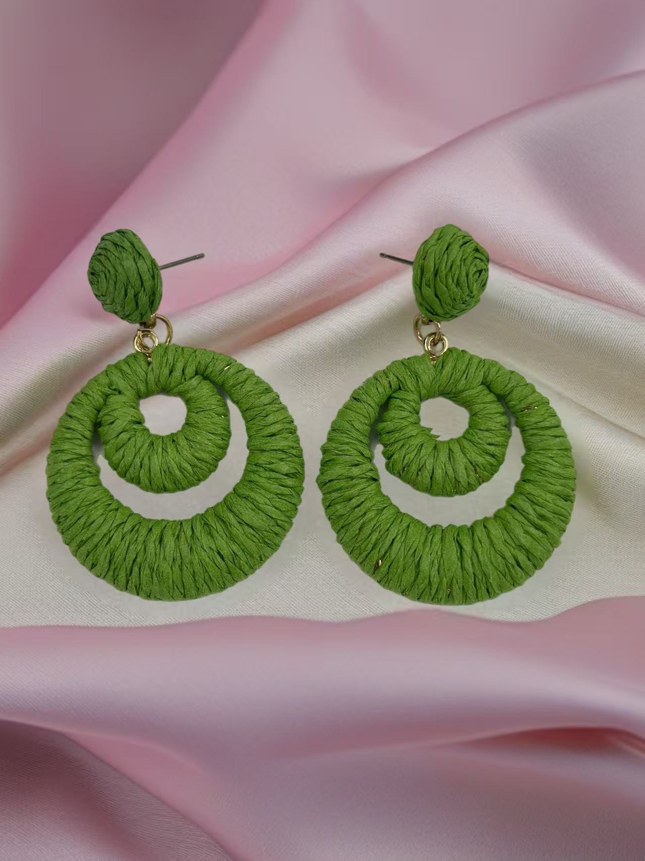 Double Hoop Raffia Statement Earrings – Handmade Boho Vibes