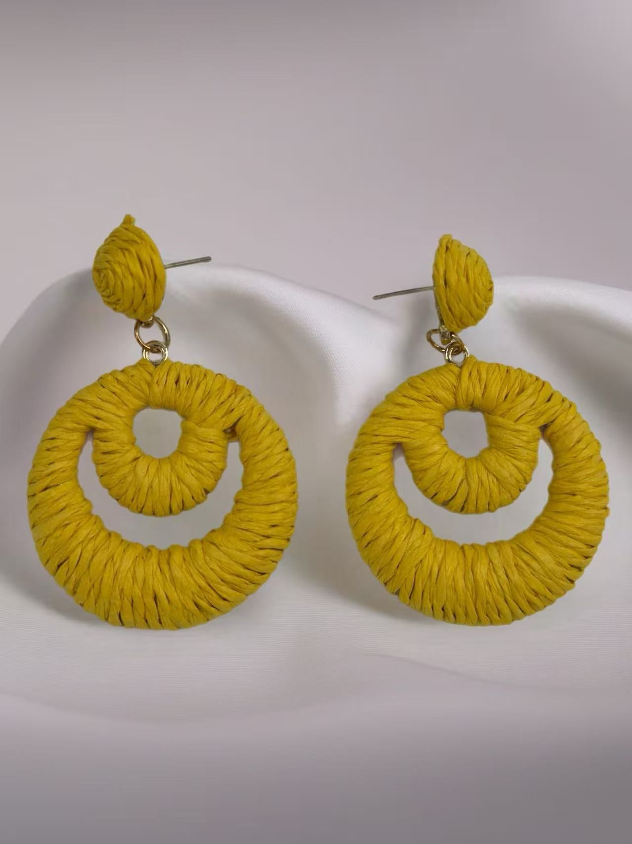 Double Hoop Raffia Statement Earrings – Handmade Boho Vibes