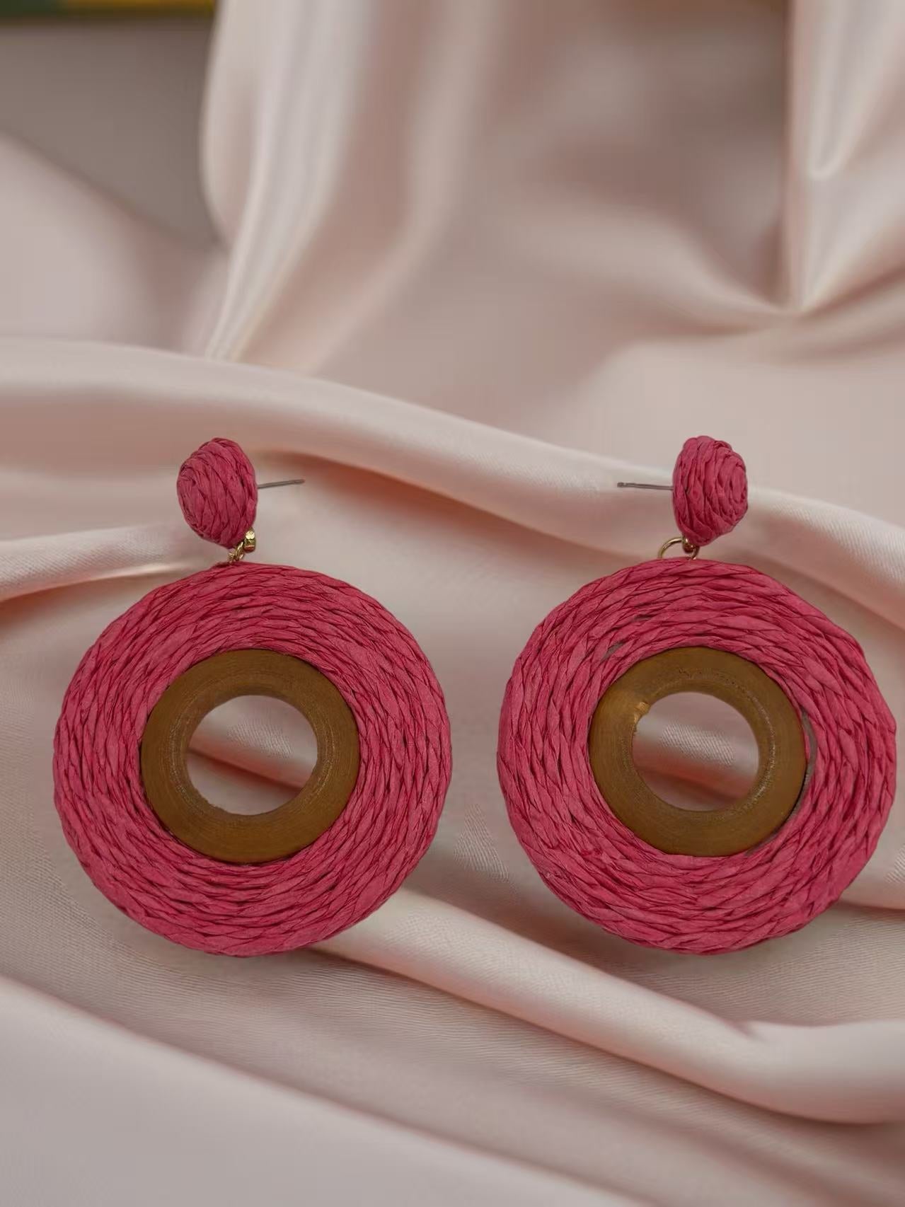 Bold Boho Raffia Earrings with Bamboo Accent