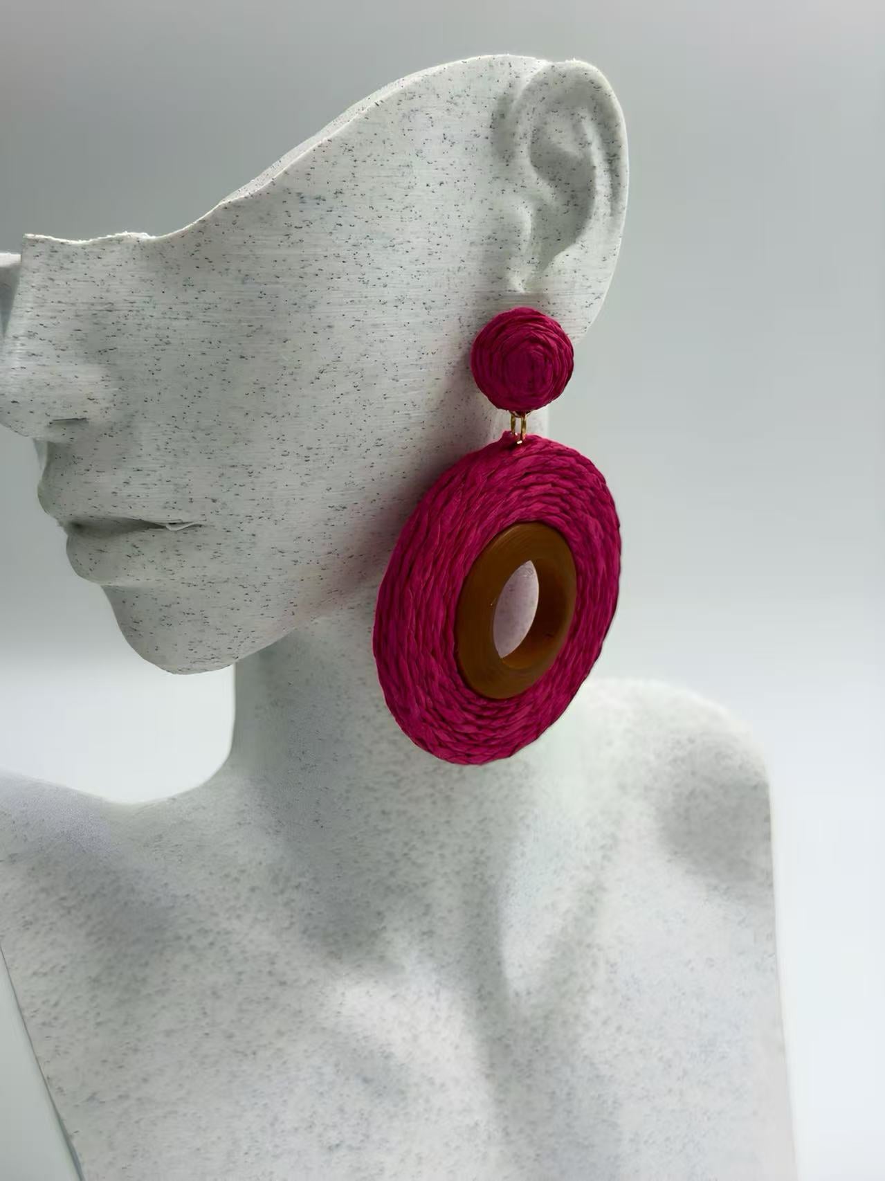 Bold Boho Raffia Earrings with Bamboo Accent