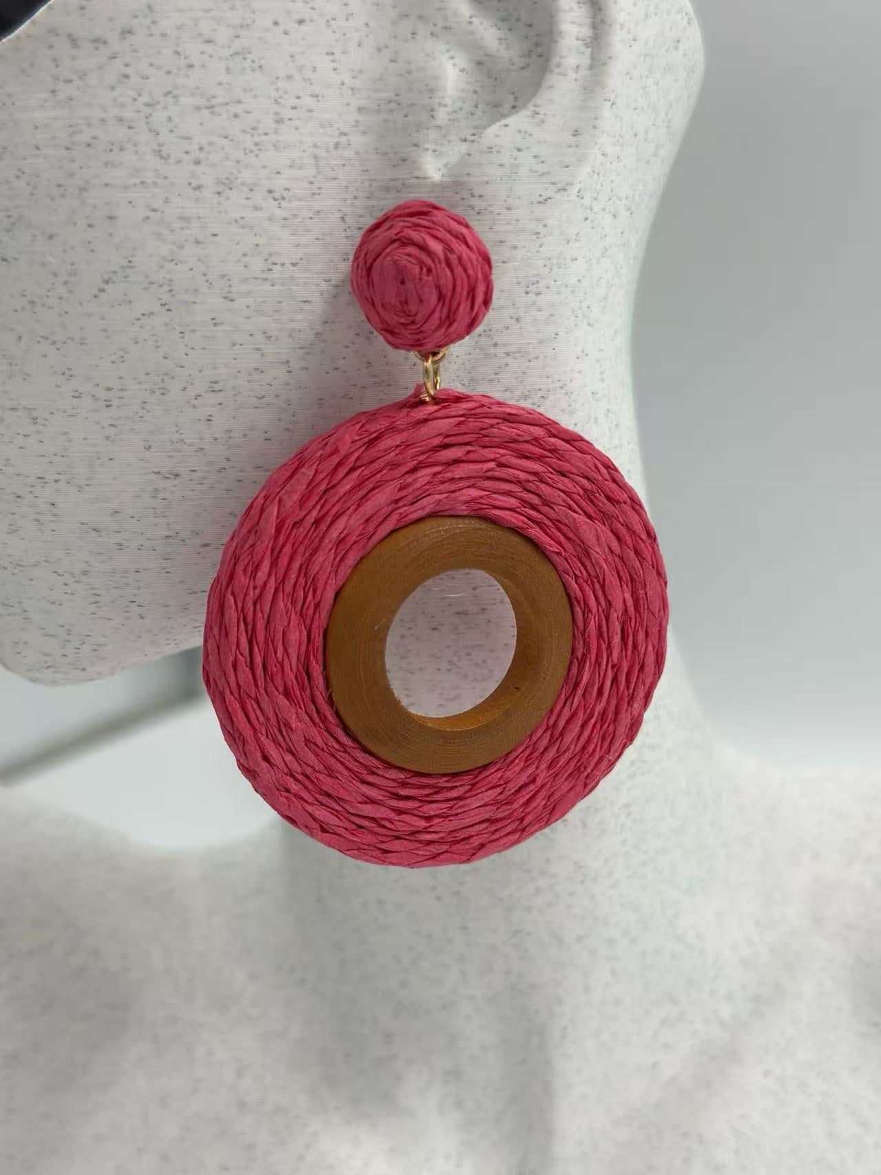 Bold Boho Raffia Earrings with Bamboo Accent
