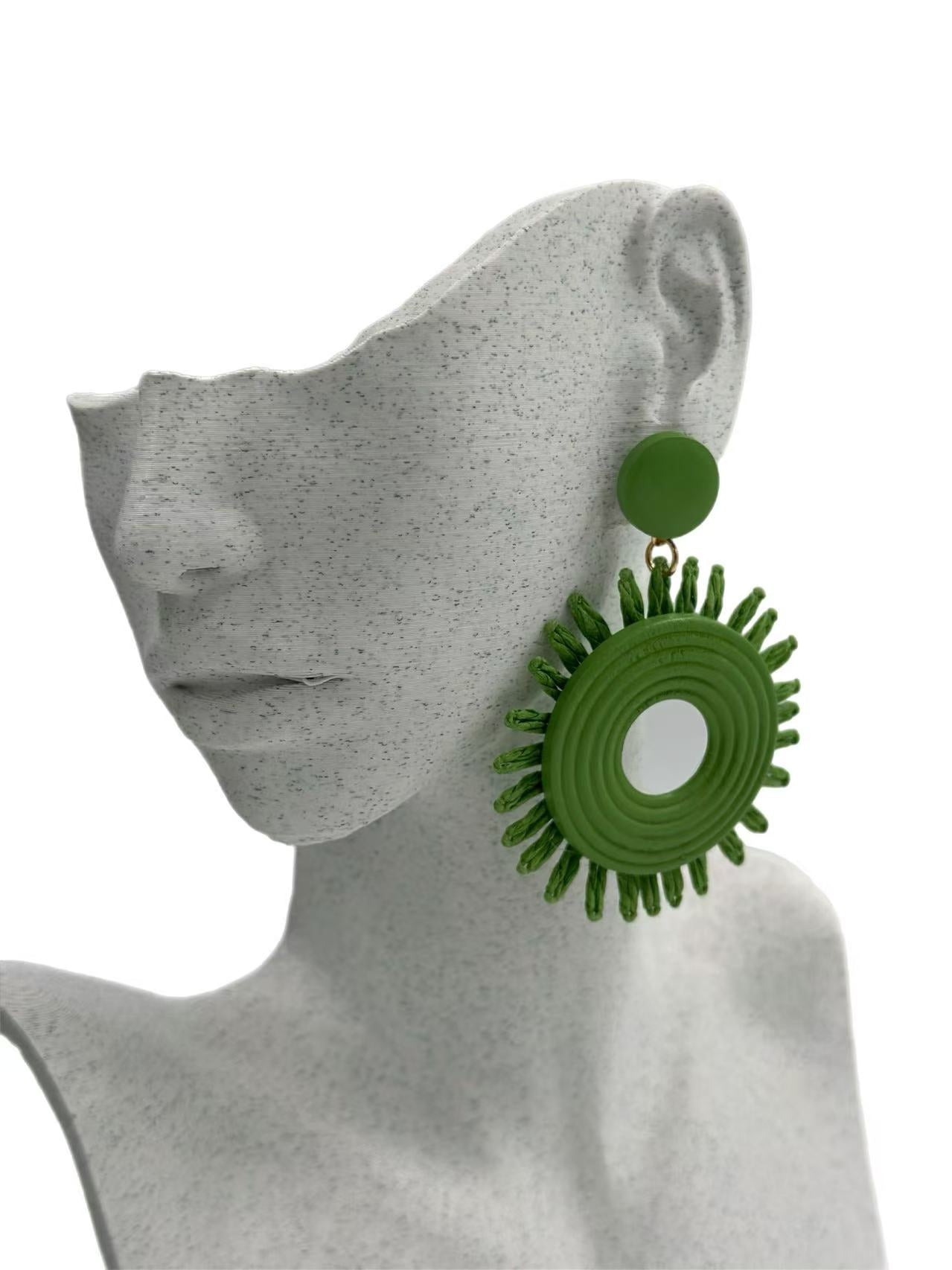 Green Colour Sun Raffia Statement Earrings