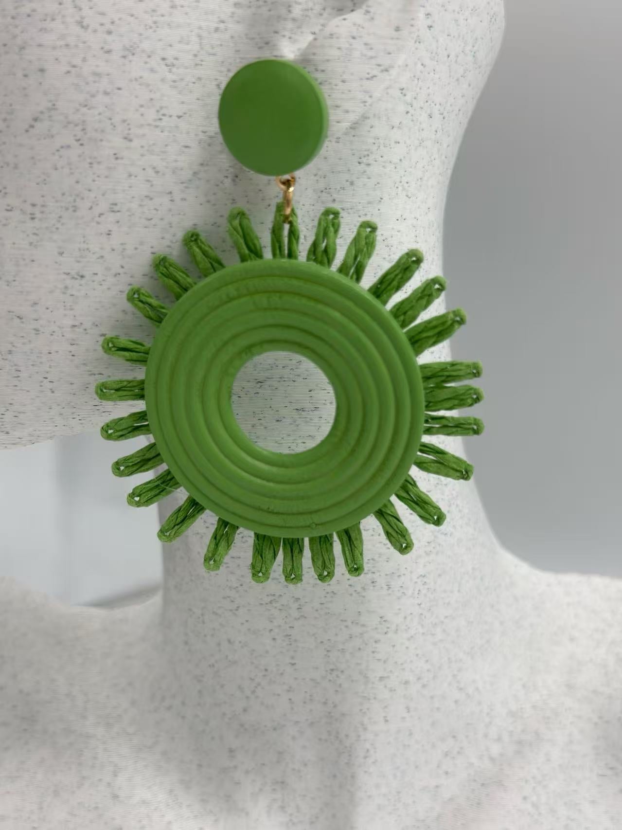 Green Colour Sun Raffia Statement Earrings