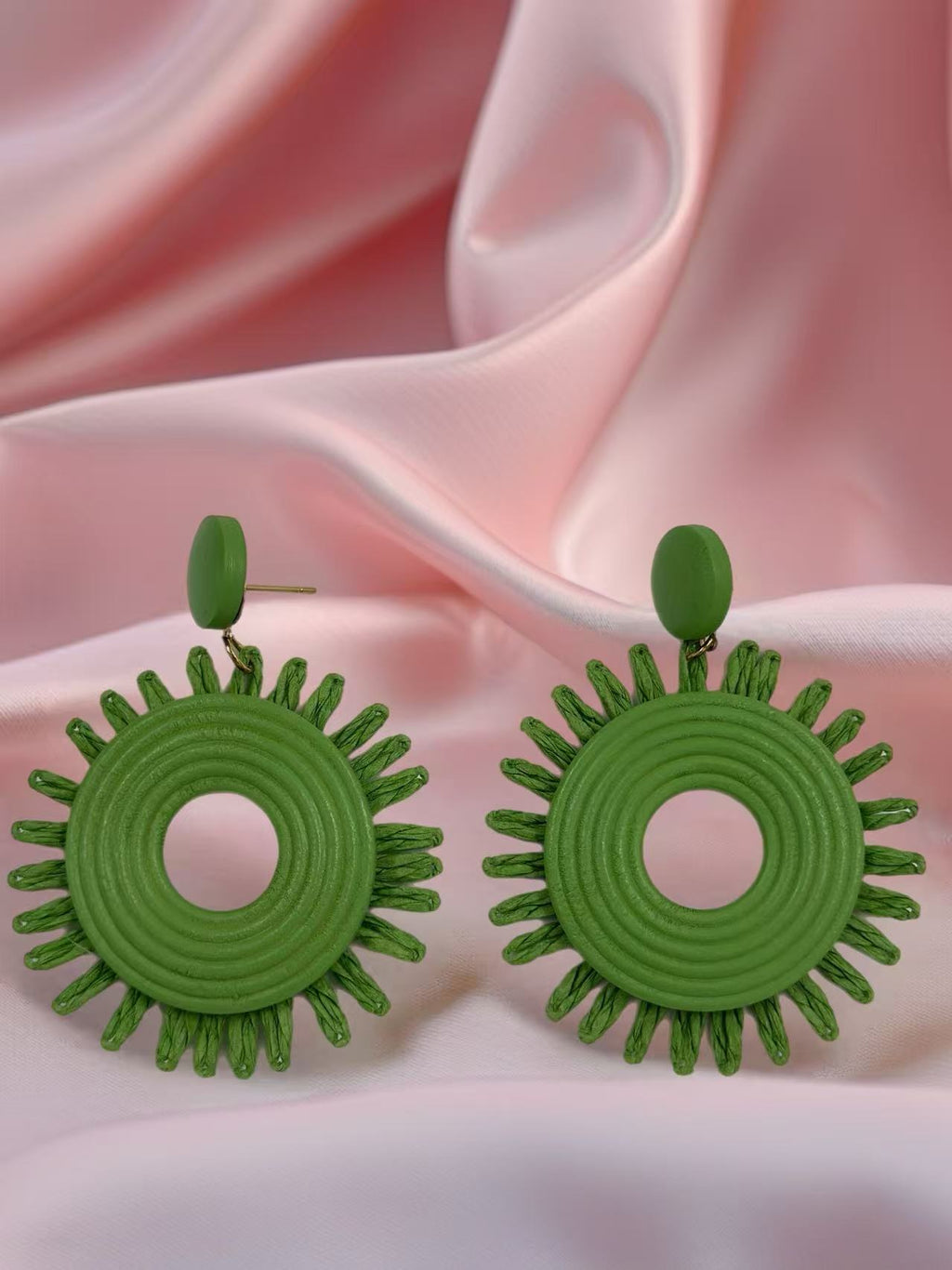 Green Colour Sun Raffia Statement Earrings
