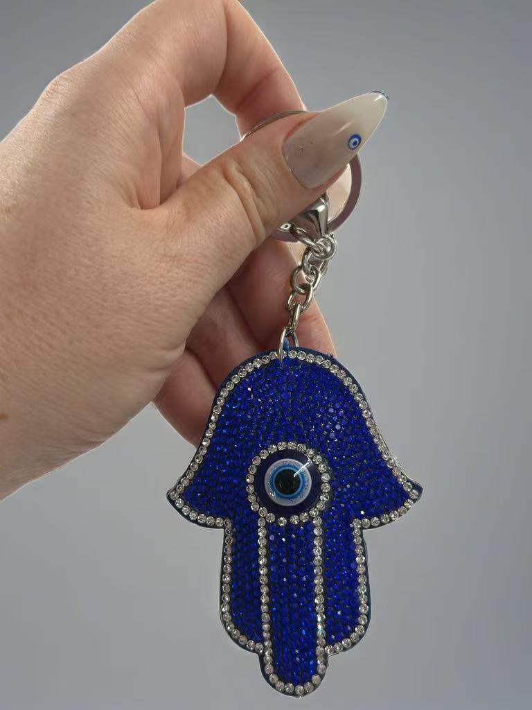 Crystal Hamsa Hand Keychain – Sparkling Blue Rhinestone Evil Eye Protection Charm & Key Ring
