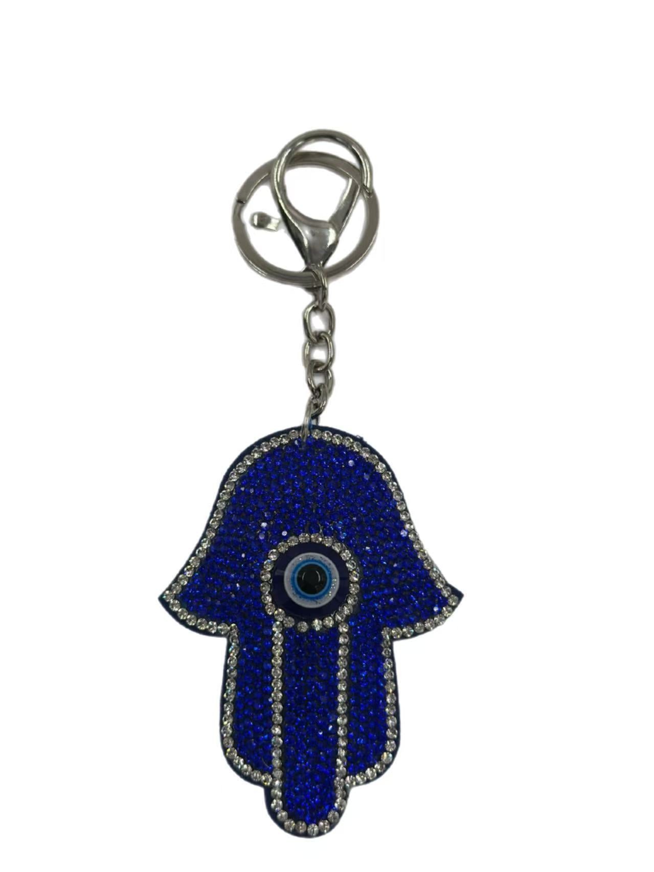 Crystal Hamsa Hand Keychain – Sparkling Blue Rhinestone Evil Eye Protection Charm & Key Ring