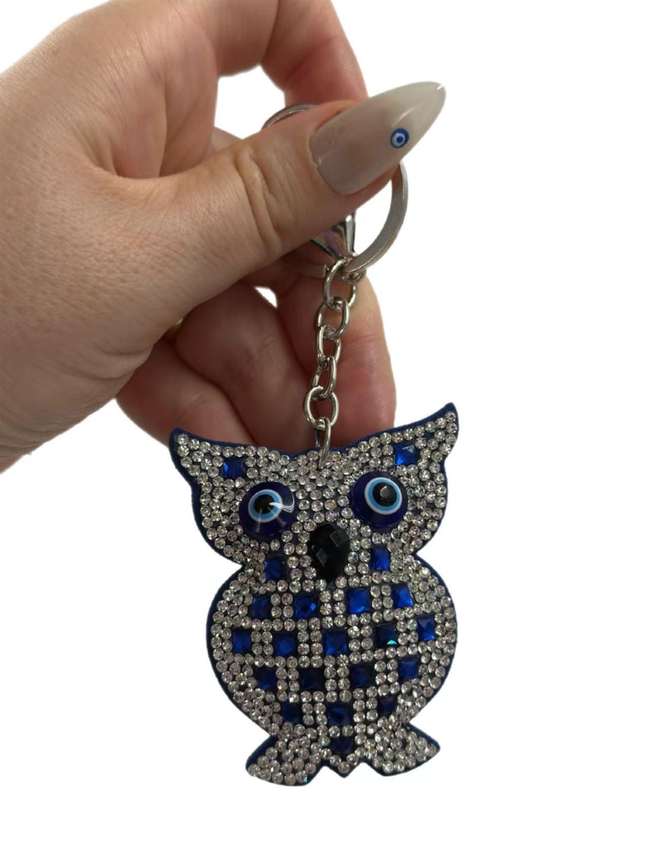 Crystal Owl Keychain – Sparkling Blue Rhinestone Wisdom Bag Charm & Key Ring