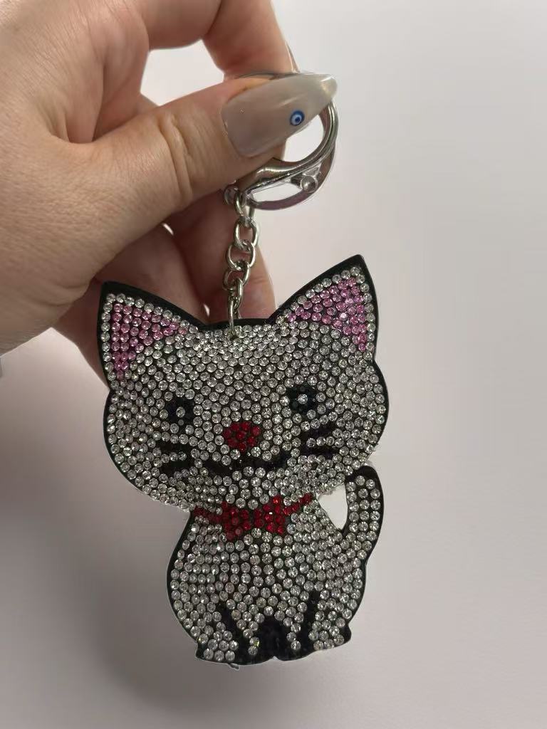 Crystal Rhinestone Cat Keychain – Sparkling Kitty Charm with Red Bow Tie