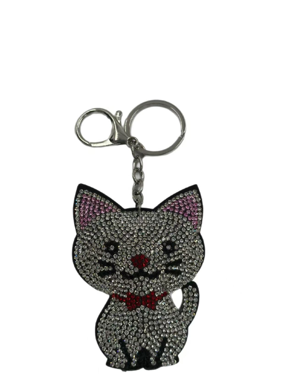 Crystal Rhinestone Cat Keychain – Sparkling Kitty Charm with Red Bow Tie