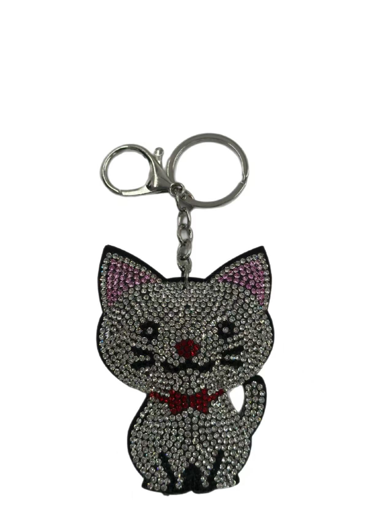 Crystal Rhinestone Cat Keychain – Sparkling Kitty Charm with Red Bow Tie
